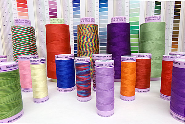 Mettler SILK-FINISH COTTON (MULTI) 50 cotton. Solid and variegated (Multi) colors. Use for quilting, sewing, and matte embroidery. 50 wt cotton uses needle sizes 70/10 to 90/14.